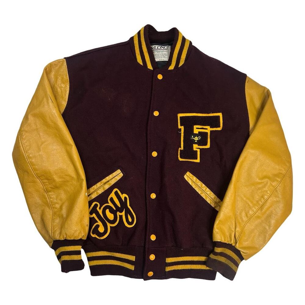 Vintage varsity jacket maroon yellow sz M Delong wool leather